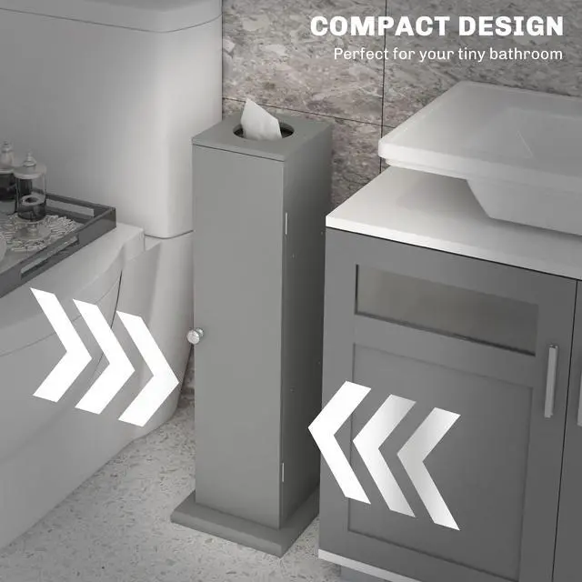 Alt view image 6 of 7 - HOMCOM Toilet Paper Cabinet, Small Bathroom Corner Floor Cabinet with Doors and Shelves, Thin Storage Bathroom Organizer for Paper Shampoo, Gray