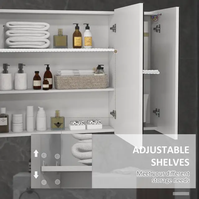Alt view image 4 of 7 - kleankin Lighted Medicine Cabinet with Mirror, 26" x 36" Wall Mounted Bathroom Mirror with Storage, 3-Color Bathroom Wall Cabinet with USB Charge, Adjustable Shelf, High Gloss White