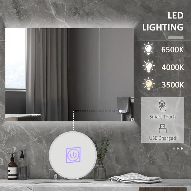 Alt view image 6 of 7 - kleankin Lighted Medicine Cabinet with Mirror, 26" x 36" Wall Mounted Bathroom Mirror with Storage, 3-Color Bathroom Wall Cabinet with USB Charge, Adjustable Shelf, High Gloss White