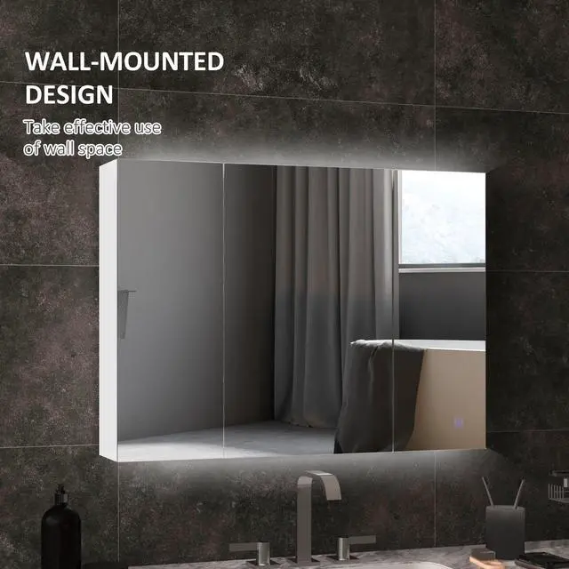 Alt view image 5 of 7 - kleankin Lighted Medicine Cabinet with Mirror, 26" x 36" Wall Mounted Bathroom Mirror with Storage, 3-Color Bathroom Wall Cabinet with USB Charge, Adjustable Shelf, High Gloss White