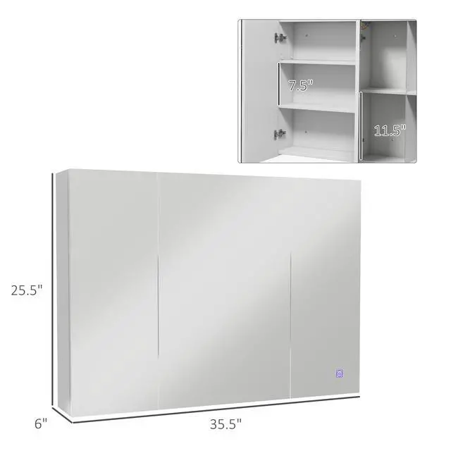 Alt view image 7 of 7 - kleankin Lighted Medicine Cabinet with Mirror, 26" x 36" Wall Mounted Bathroom Mirror with Storage, 3-Color Bathroom Wall Cabinet with USB Charge, Adjustable Shelf, High Gloss White