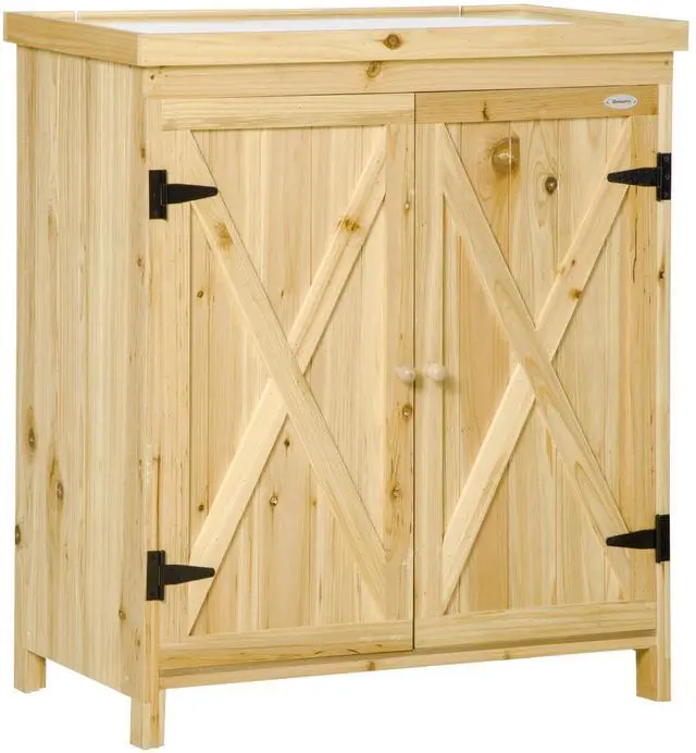 Main image of Outsunny Garden Storage Cabinet, Outdoor Tool Shed with Galvanized Top and Two Shelves for Yard Tools or Pool Accessories, Natural