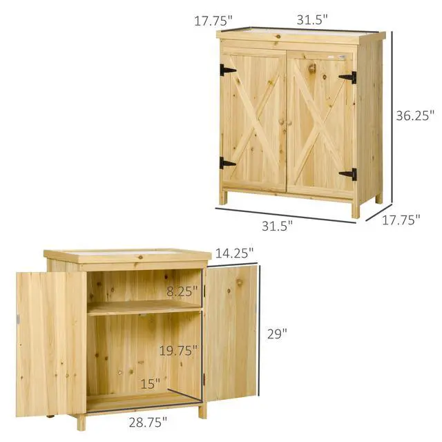 Alt view image 7 of 7 - Outsunny Garden Storage Cabinet, Outdoor Tool Shed with Galvanized Top and Two Shelves for Yard Tools or Pool Accessories, Natural
