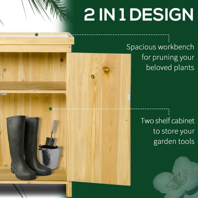 Alt view image 6 of 7 - Outsunny Garden Storage Cabinet, Outdoor Tool Shed with Galvanized Top and Two Shelves for Yard Tools or Pool Accessories, Natural