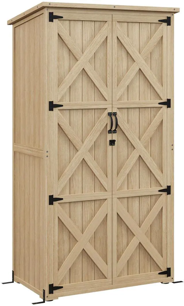 Main image of Outsunny Wooden Garden Shed, Outdoor Storage Cabinet with Waterproof Asphalt Roof, Narrow Tool Shed with Shelves and Lockable Doors, Natural