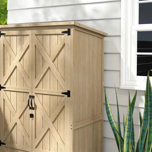 Alt view image 2 of 7 - Outsunny Wooden Garden Shed, Outdoor Storage Cabinet with Waterproof Asphalt Roof, Narrow Tool Shed with Shelves and Lockable Doors, Natural
