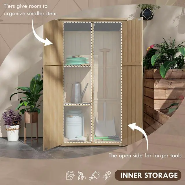 Alt view image 6 of 7 - Outsunny Wooden Garden Shed, Outdoor Storage Cabinet with Waterproof Asphalt Roof, Narrow Tool Shed with Shelves and Lockable Doors, Natural