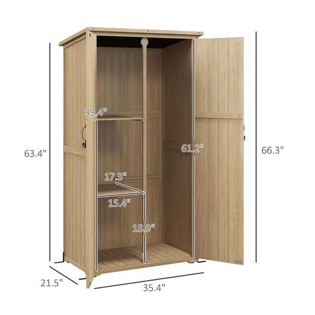 Alt view image 7 of 7 - Outsunny Wooden Garden Shed, Outdoor Storage Cabinet with Waterproof Asphalt Roof, Narrow Tool Shed with Shelves and Lockable Doors, Natural