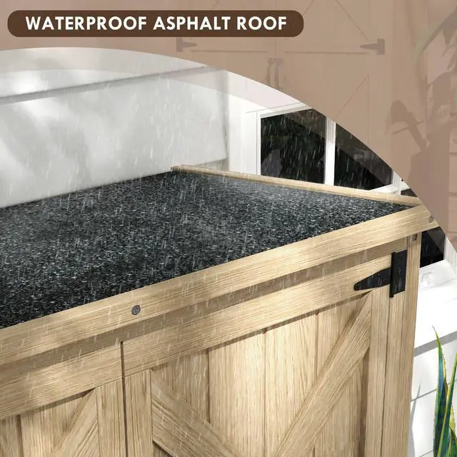 Alt view image 5 of 7 - Outsunny Wooden Garden Shed, Outdoor Storage Cabinet with Waterproof Asphalt Roof, Narrow Tool Shed with Shelves and Lockable Doors, Natural