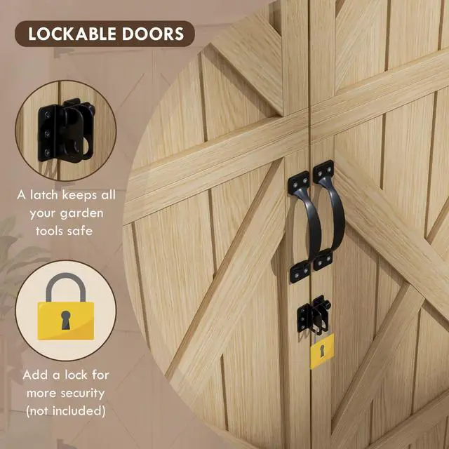 Alt view image 3 of 7 - Outsunny Wooden Garden Shed, Outdoor Storage Cabinet with Waterproof Asphalt Roof, Narrow Tool Shed with Shelves and Lockable Doors, Natural
