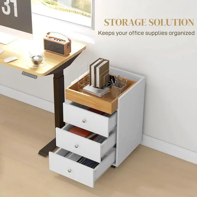 Alt view image 6 of 7 - HOMCOM 3 Drawer Home Office Storage Cabinet, Office Drawer on Wheels with Removable Tray, Under Desk Printer Stand with Storage, White