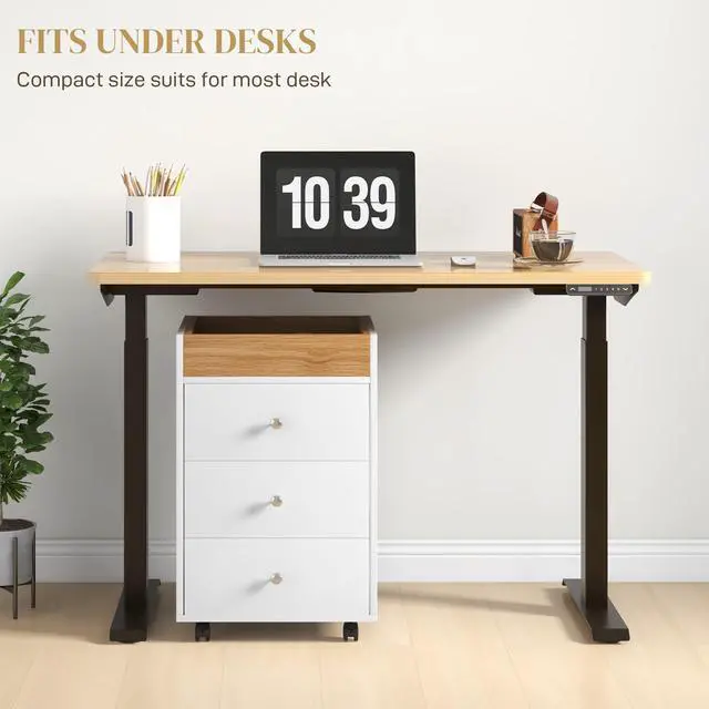 Alt view image 4 of 7 - HOMCOM 3 Drawer Home Office Storage Cabinet, Office Drawer on Wheels with Removable Tray, Under Desk Printer Stand with Storage, White