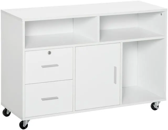 Main image of HOMCOM Printer Stand Home Office Mobile Cabinet Organizer Desktop with Caster Wheels, 2 Locking Breaks and Drawer, White
