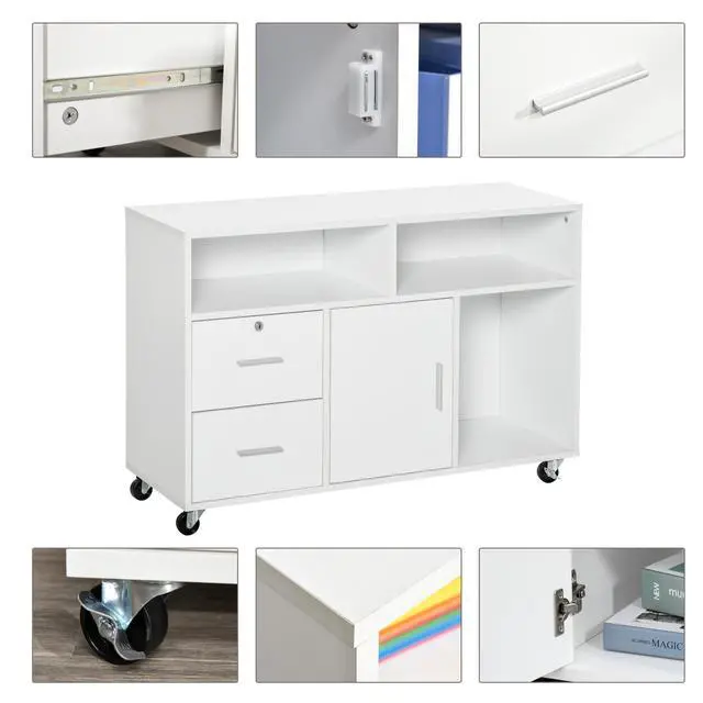 Alt view image 3 of 7 - HOMCOM Printer Stand Home Office Mobile Cabinet Organizer Desktop with Caster Wheels, 2 Locking Breaks and Drawer, White