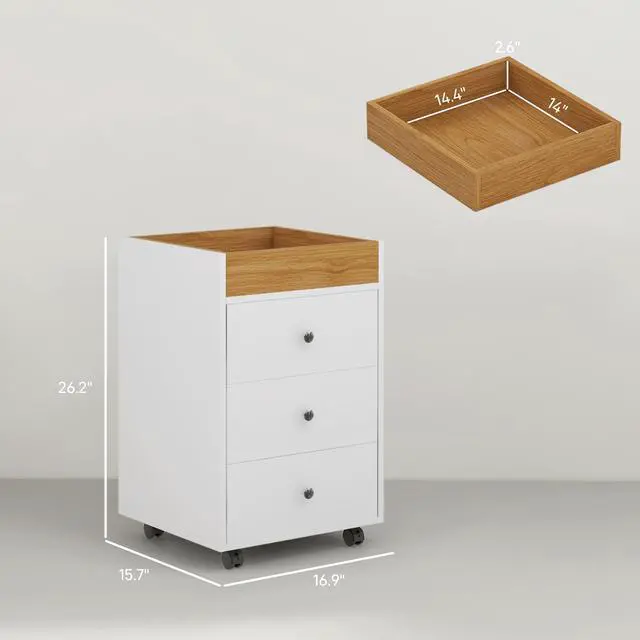 Alt view image 7 of 7 - HOMCOM 3 Drawer Home Office Storage Cabinet, Office Drawer on Wheels with Removable Tray, Under Desk Printer Stand with Storage, White