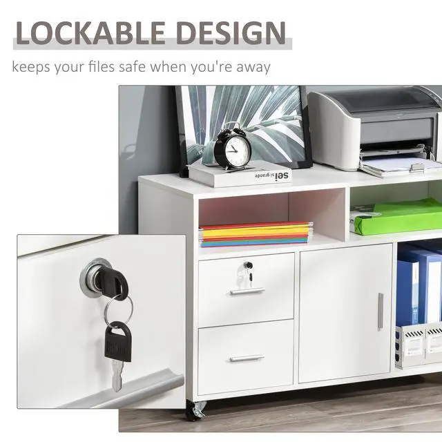 Alt view image 4 of 7 - HOMCOM Printer Stand Home Office Mobile Cabinet Organizer Desktop with Caster Wheels, 2 Locking Breaks and Drawer, White
