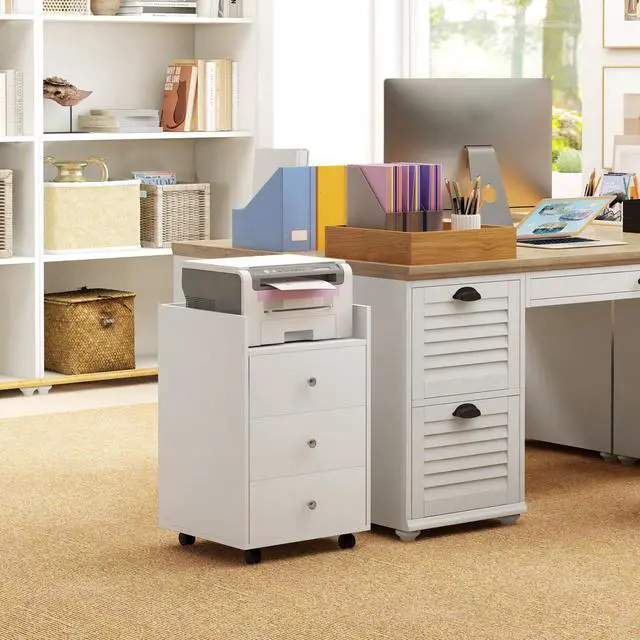 Alt view image 3 of 7 - HOMCOM 3 Drawer Home Office Storage Cabinet, Office Drawer on Wheels with Removable Tray, Under Desk Printer Stand with Storage, White