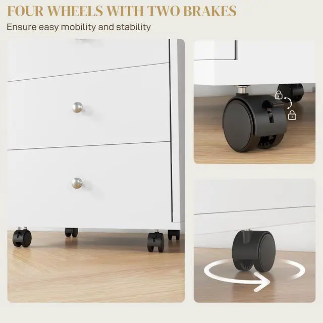 Alt view image 5 of 7 - HOMCOM 3 Drawer Home Office Storage Cabinet, Office Drawer on Wheels with Removable Tray, Under Desk Printer Stand with Storage, White