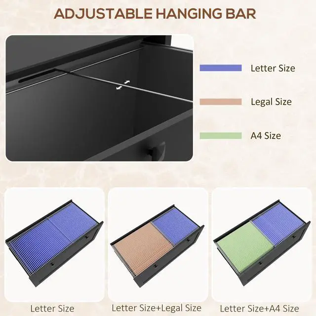 Alt view image 5 of 7 - HOMCOM 2 Drawer File Cabinet with Lock, Lateral Filing Cabinet with Keys and Adjustable Hanging Bar for Letter, A4 and Legal Size, File Cabinet for Home Office, Black