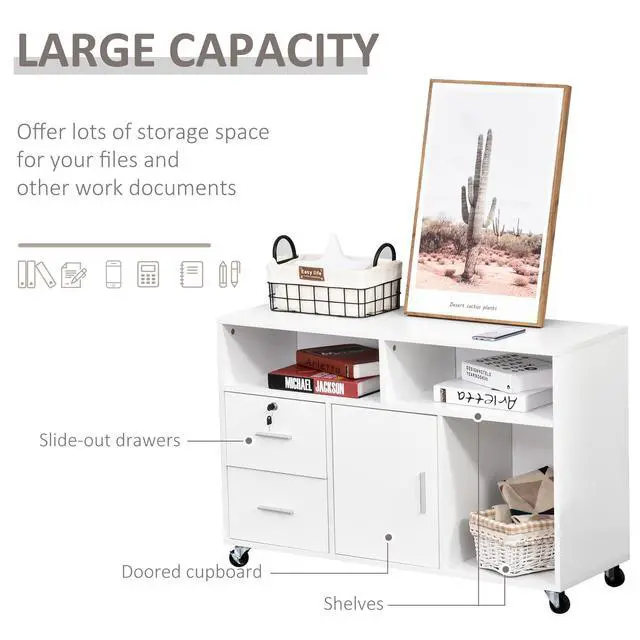 Alt view image 6 of 7 - HOMCOM Printer Stand Home Office Mobile Cabinet Organizer Desktop with Caster Wheels, 2 Locking Breaks and Drawer, White