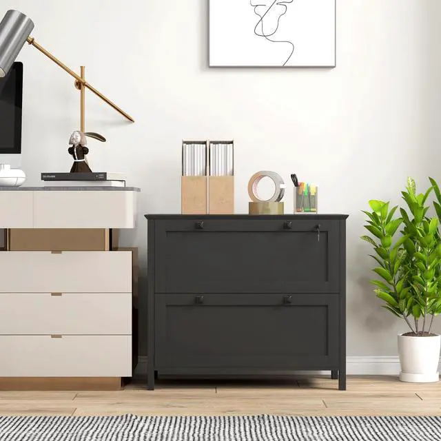 Alt view image 3 of 7 - HOMCOM 2 Drawer File Cabinet with Lock, Lateral Filing Cabinet with Keys and Adjustable Hanging Bar for Letter, A4 and Legal Size, File Cabinet for Home Office, Black