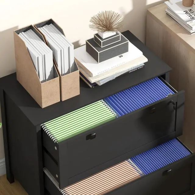 Alt view image 2 of 7 - HOMCOM 2 Drawer File Cabinet with Lock, Lateral Filing Cabinet with Keys and Adjustable Hanging Bar for Letter, A4 and Legal Size, File Cabinet for Home Office, Black