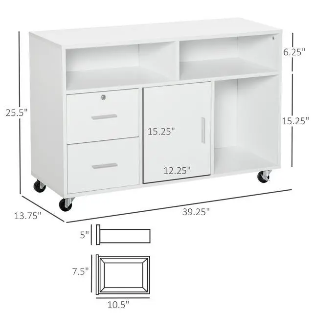 Alt view image 7 of 7 - HOMCOM Printer Stand Home Office Mobile Cabinet Organizer Desktop with Caster Wheels, 2 Locking Breaks and Drawer, White