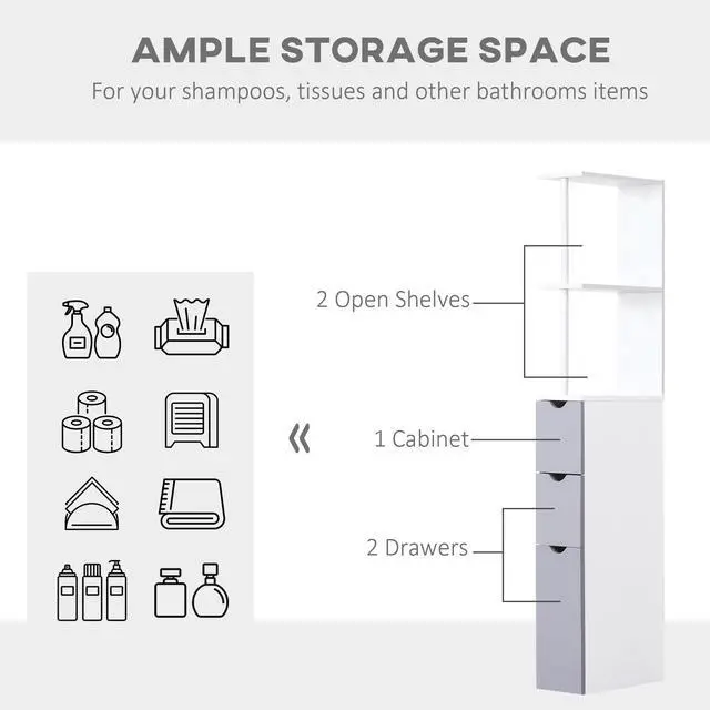 Alt view image 6 of 7 - HOMCOM 54" Tall Bathroom Storage Cabinet, Freestanding Linen Tower with 2-Tier Shelf and Drawers, Narrow Side Floor Organizer, White