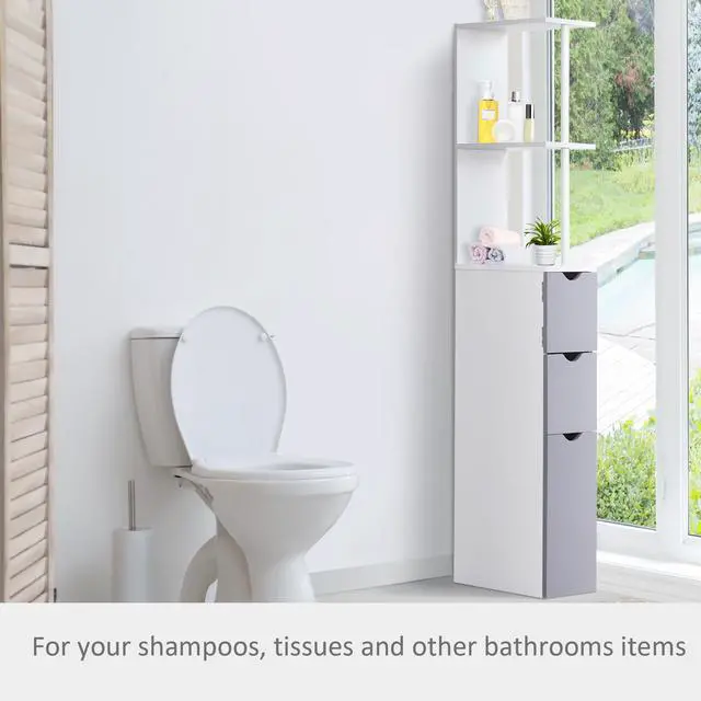 Alt view image 5 of 7 - HOMCOM 54" Tall Bathroom Storage Cabinet, Freestanding Linen Tower with 2-Tier Shelf and Drawers, Narrow Side Floor Organizer, White