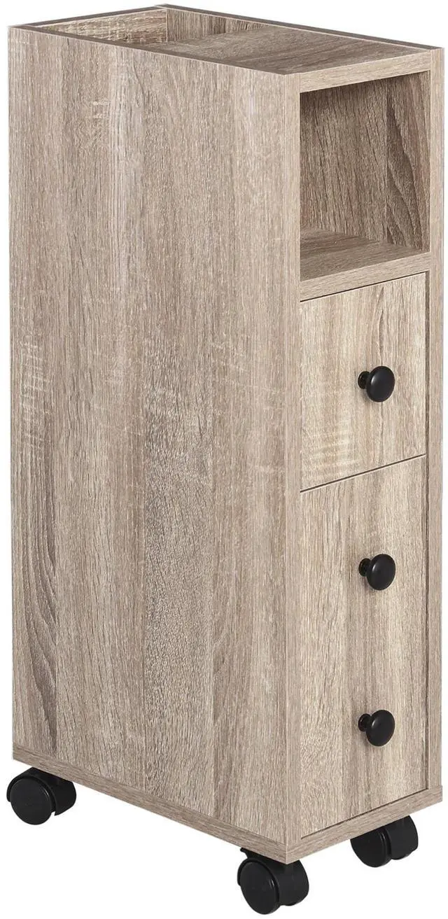 Main image of kleankin Freestanding Compact Design Bathroom Cabinet with 2 Open Cabinets, 1 Door Cabinet, 1 Drawer and 4 Rolling Wheels, Oak Grain Color