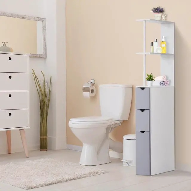 Alt view image 3 of 7 - HOMCOM 54" Tall Bathroom Storage Cabinet, Freestanding Linen Tower with 2-Tier Shelf and Drawers, Narrow Side Floor Organizer, White