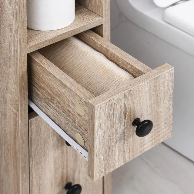 Alt view image 2 of 7 - kleankin Freestanding Compact Design Bathroom Cabinet with 2 Open Cabinets, 1 Door Cabinet, 1 Drawer and 4 Rolling Wheels, Oak Grain Color