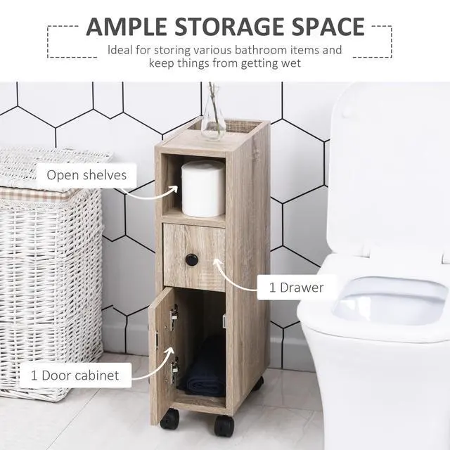 Alt view image 4 of 7 - kleankin Freestanding Compact Design Bathroom Cabinet with 2 Open Cabinets, 1 Door Cabinet, 1 Drawer and 4 Rolling Wheels, Oak Grain Color