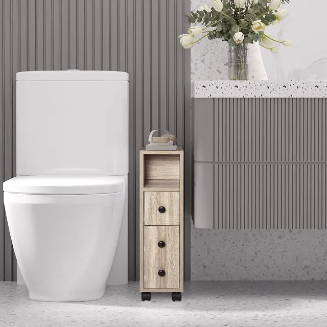Alt view image 6 of 7 - kleankin Freestanding Compact Design Bathroom Cabinet with 2 Open Cabinets, 1 Door Cabinet, 1 Drawer and 4 Rolling Wheels, Oak Grain Color