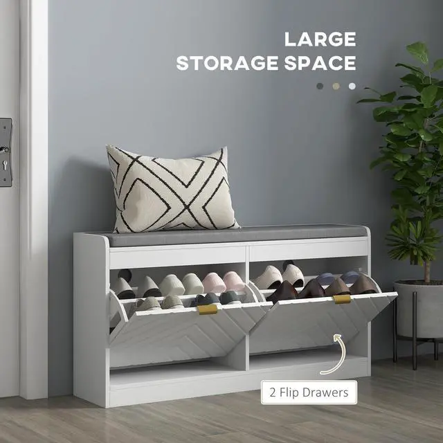 Alt view image 6 of 7 - HOMCOM Shoe Bench, Entryway Bench with 2 Flip Drawers, Seating Cushion, and 2 Vents for 8 Pairs of Shoes for Hallway, White
