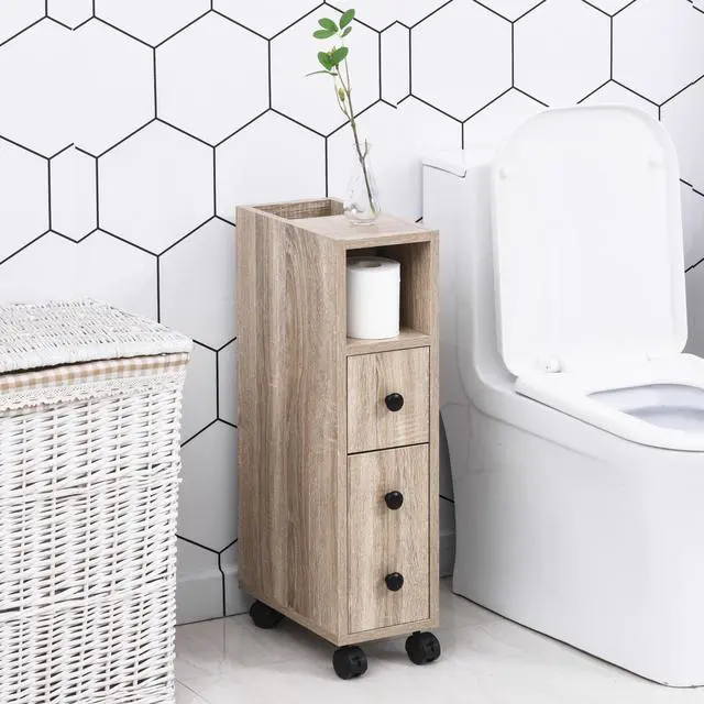 Alt view image 7 of 7 - kleankin Freestanding Compact Design Bathroom Cabinet with 2 Open Cabinets, 1 Door Cabinet, 1 Drawer and 4 Rolling Wheels, Oak Grain Color