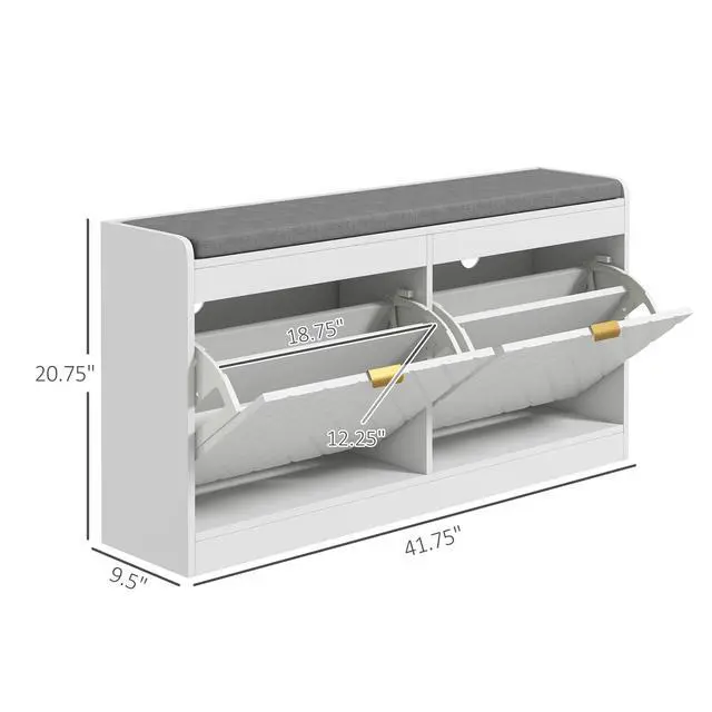 Alt view image 7 of 7 - HOMCOM Shoe Bench, Entryway Bench with 2 Flip Drawers, Seating Cushion, and 2 Vents for 8 Pairs of Shoes for Hallway, White