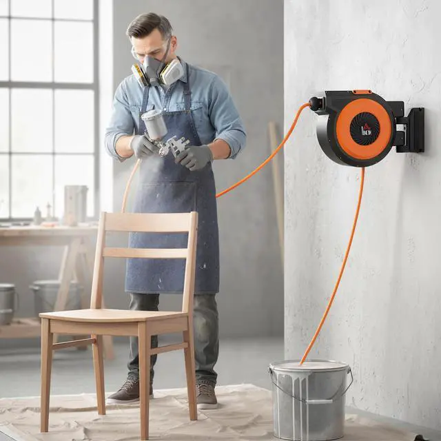 Alt view image 2 of 7 - HOMCOM Retractable Air Hose Reel, Auto Rewind Air Compressor Hose Reel with Swivel Bracket, 3/8 in x 82 ft, 6.6 ft Lead in, 300 PSI, Black and Orange