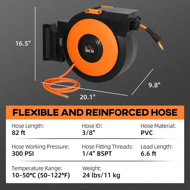 Alt view image 6 of 7 - HOMCOM Retractable Air Hose Reel, Auto Rewind Air Compressor Hose Reel with Swivel Bracket, 3/8 in x 82 ft, 6.6 ft Lead in, 300 PSI, Black and Orange
