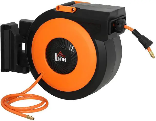 Main image of HOMCOM Retractable Air Hose Reel, Auto Rewind Air Compressor Hose Reel with Swivel Bracket, 3/8 in x 82 ft, 6.6 ft Lead in, 300 PSI, Black and Orange