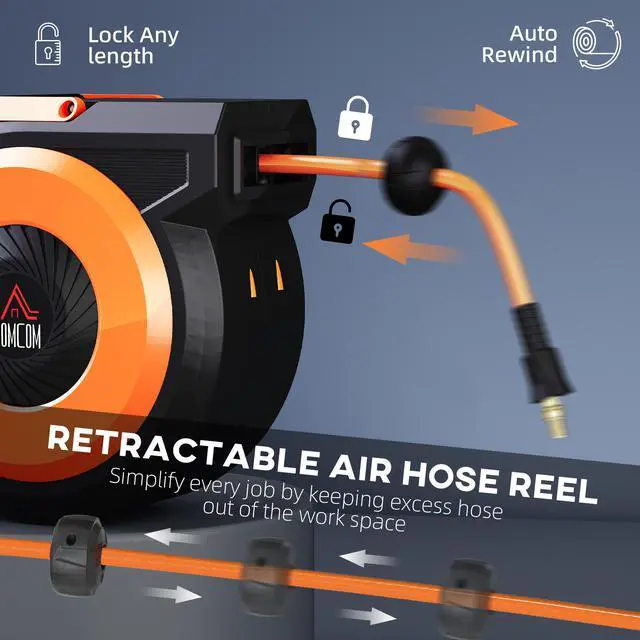 Alt view image 7 of 7 - HOMCOM Retractable Air Hose Reel, Auto Rewind Air Compressor Hose Reel with Swivel Bracket, 3/8 in x 82 ft, 6.6 ft Lead in, 300 PSI, Black and Orange