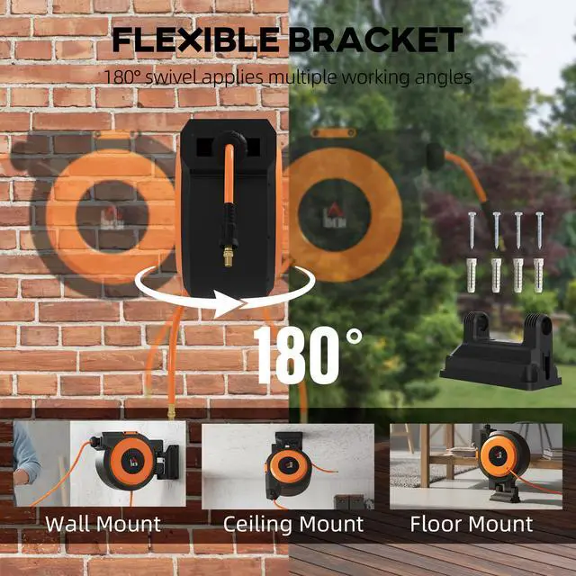 Alt view image 5 of 7 - HOMCOM Retractable Air Hose Reel, Auto Rewind Air Compressor Hose Reel with Swivel Bracket, 3/8 in x 82 ft, 6.6 ft Lead in, 300 PSI, Black and Orange