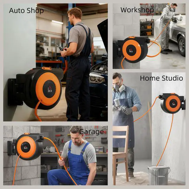 Alt view image 4 of 7 - HOMCOM Retractable Air Hose Reel, Auto Rewind Air Compressor Hose Reel with Swivel Bracket, 3/8 in x 82 ft, 6.6 ft Lead in, 300 PSI, Black and Orange