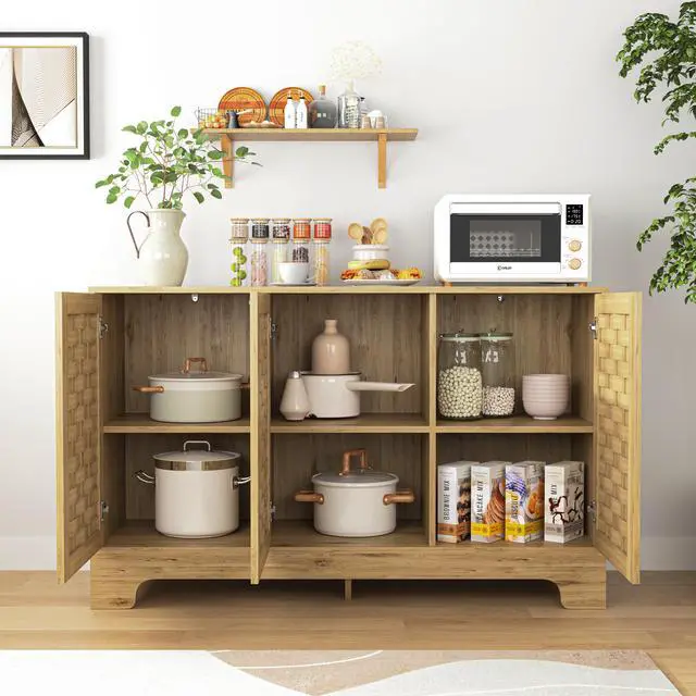 Alt view image 2 of 7 - Storage Cabinet with 3 Doors, Wood Sideboard Buffet Storage with Adjustable Shelf, Anti-tip Kit Accent Cabinet for Living Room, Hallway, Entryway, Dining Room, Bedroom