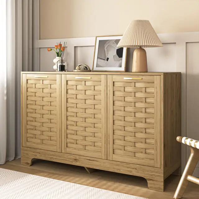 Alt view image 3 of 7 - Storage Cabinet with 3 Doors, Wood Sideboard Buffet Storage with Adjustable Shelf, Anti-tip Kit Accent Cabinet for Living Room, Hallway, Entryway, Dining Room, Bedroom