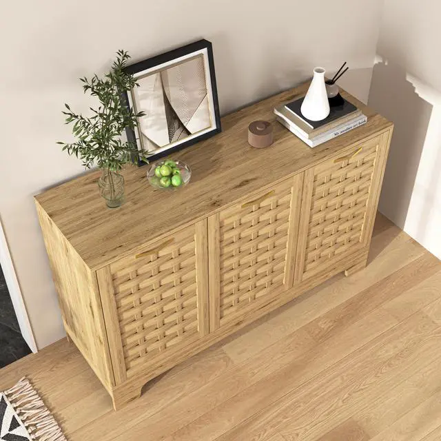 Alt view image 4 of 7 - Storage Cabinet with 3 Doors, Wood Sideboard Buffet Storage with Adjustable Shelf, Anti-tip Kit Accent Cabinet for Living Room, Hallway, Entryway, Dining Room, Bedroom