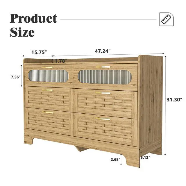 Alt view image 5 of 7 - Wood 6 Drawer Dresser for Bedroom, Large Double Dresser with Wide Drawers, Modern Chest of Drawers,Storage Organizer Dresser,Nursery Dresser,for Living Room, Hallway, Bedroom, Kids Bedroom