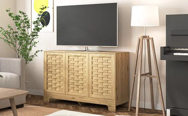 Alt view image 6 of 7 - Storage Cabinet with 3 Doors, Wood Sideboard Buffet Storage with Adjustable Shelf, Anti-tip Kit Accent Cabinet for Living Room, Hallway, Entryway, Dining Room, Bedroom