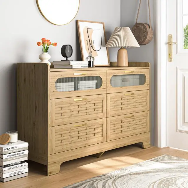 Main image of Wood 6 Drawer Dresser for Bedroom, Large Double Dresser with Wide Drawers, Modern Chest of Drawers,Storage Organizer Dresser,Nursery Dresser,for Living Room, Hallway, Bedroom, Kids Bedroom