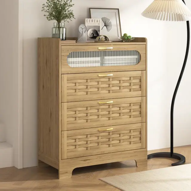 Main image of Wood 4 Drawer Dresser for Bedroom, Large Double Dresser with Wide Drawers, Modern Chest of Drawers,Storage Organizer Dresser,Nursery Dresser,for Living Room, Hallway, Bedroom, Kids Bedroom